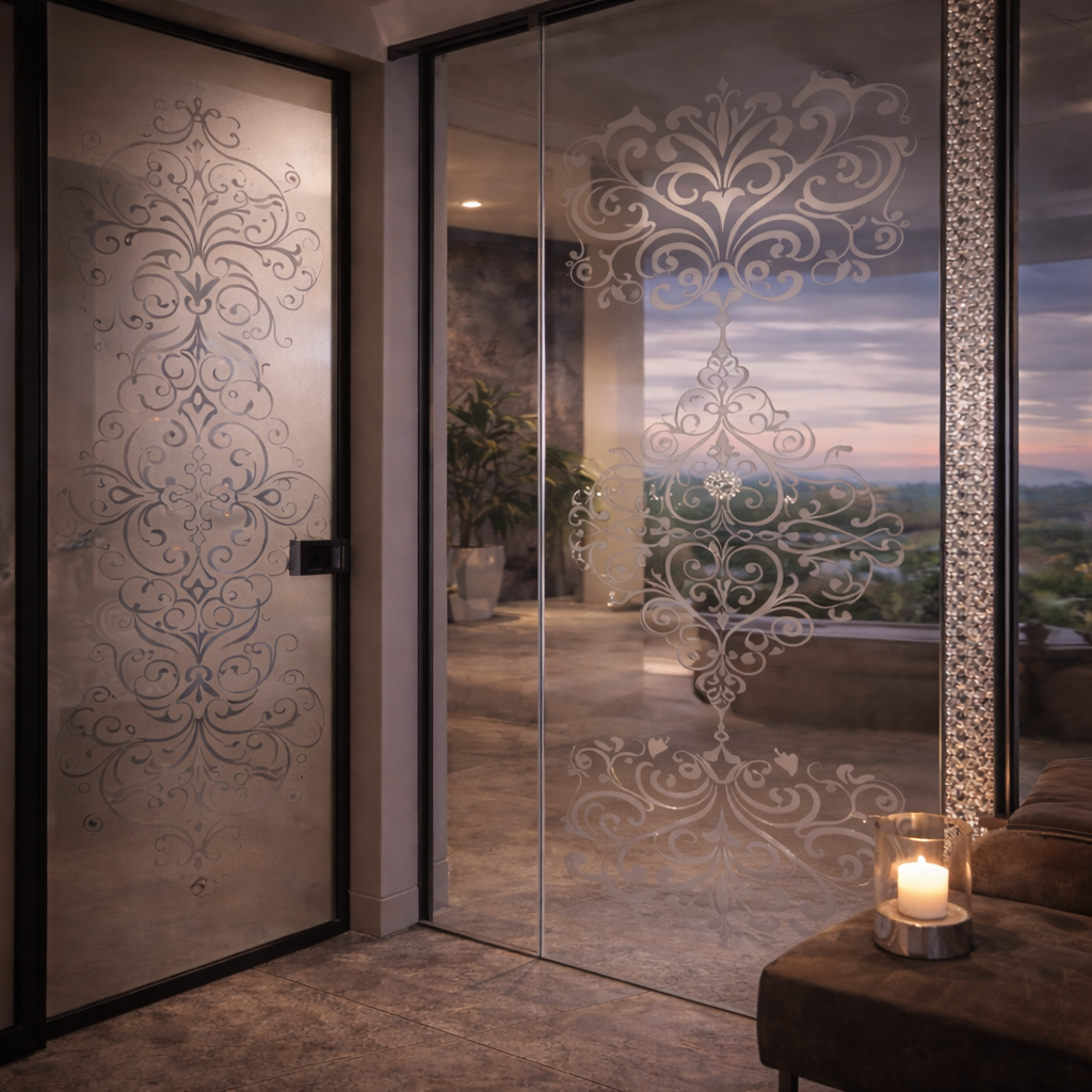 Fancy and decorative etched glass installation for modern homes in Delhi NCR