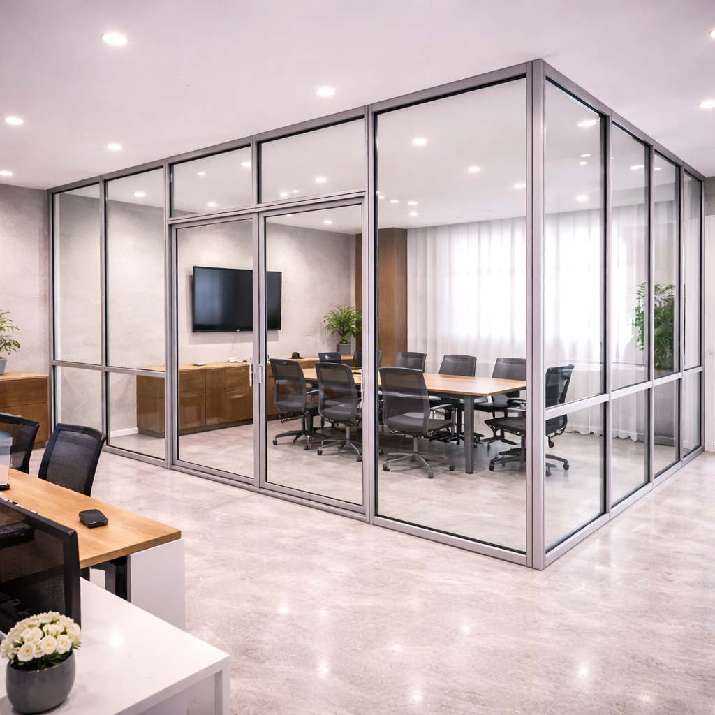 Custom aluminium glass partition structure for large office spaces in Delhi NCR