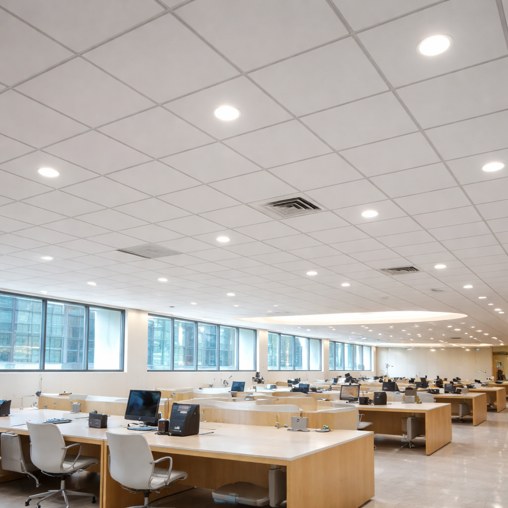 Block gypsum false ceiling with recessed LED lighting for office interiors in Delhi NCR
