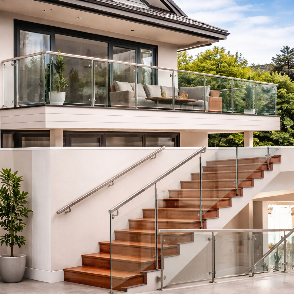 Glass railings for balcony and staircase with stainless steel fittings in Delhi NCR