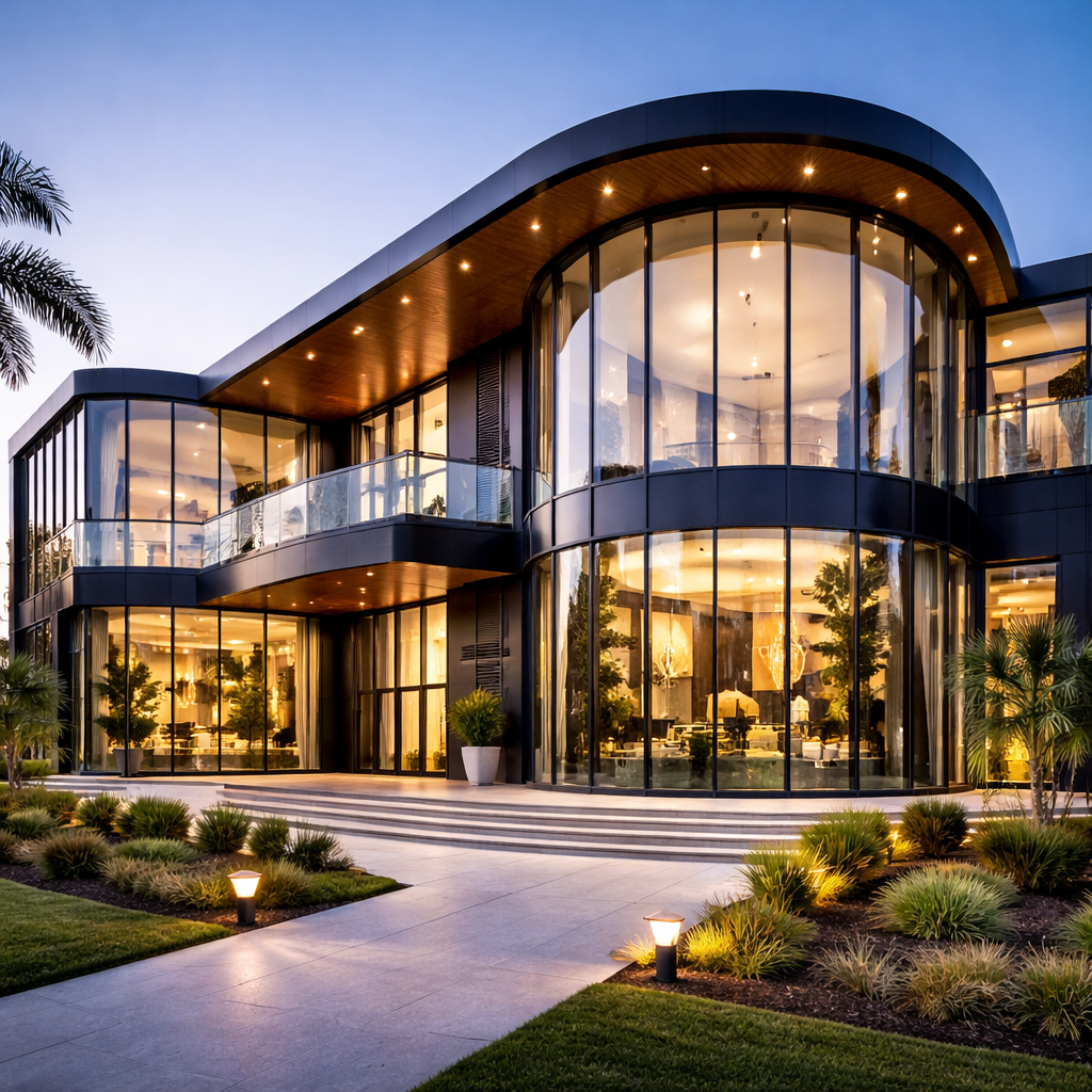 Exterior glass facade design with aluminium framing for commercial building in Delhi NCR