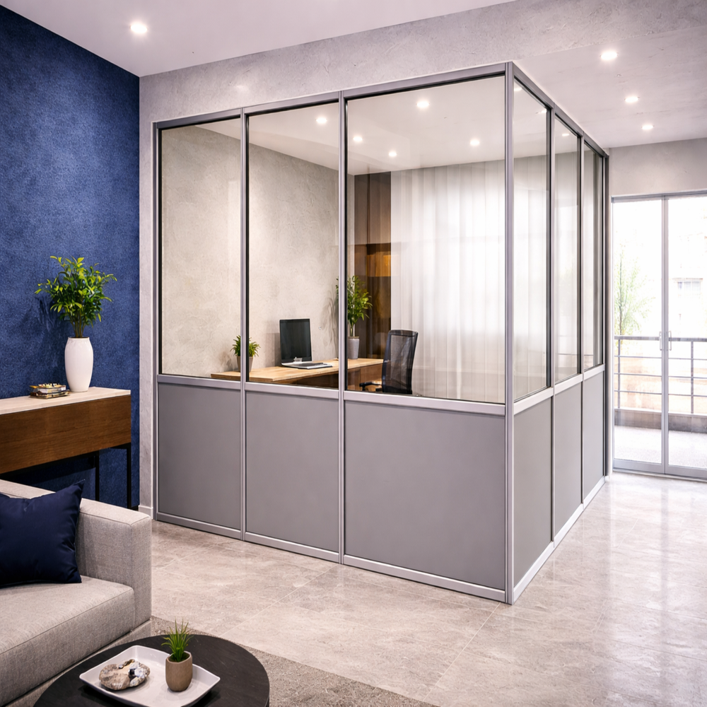 Aluminium glass partition cabin for modern office interiors in Delhi NCR