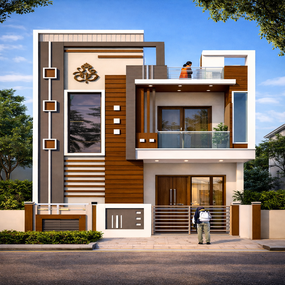 Modern house front elevation design with glass balcony and aluminium detailing in Delhi NCR
