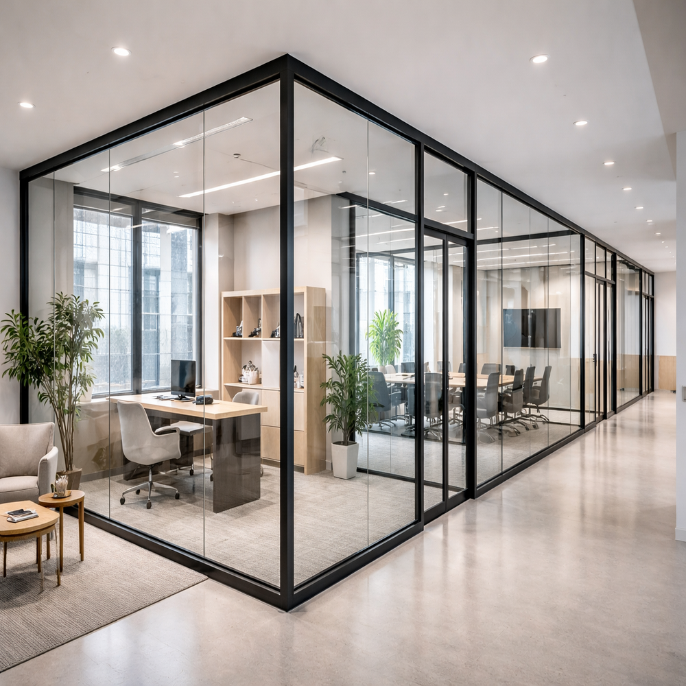 Modern glass partitions and enclosures with aluminium framing for office cabins and meeting rooms