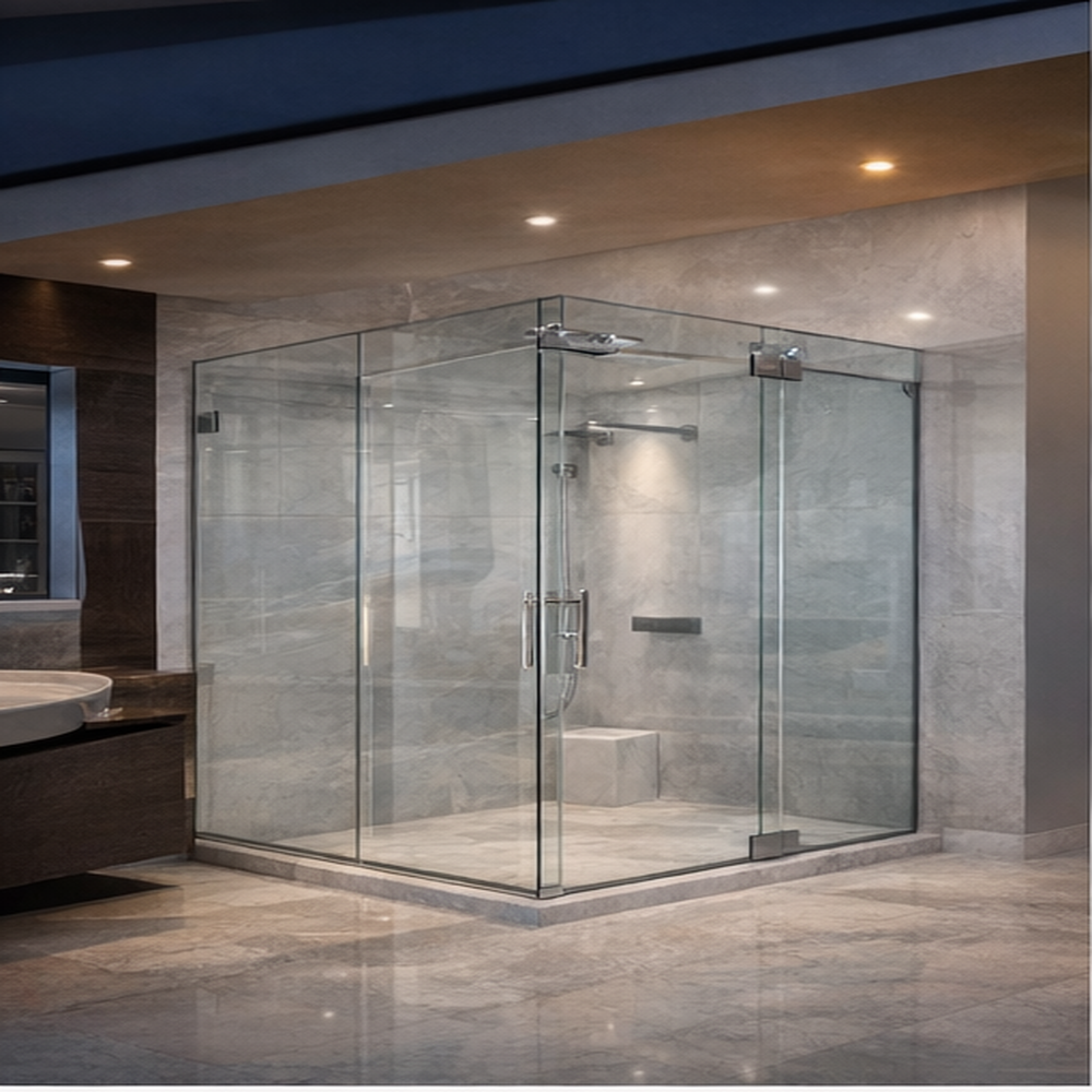 Frameless glass shower enclosure with toughened safety glass and stainless steel fittings in Delhi NCR