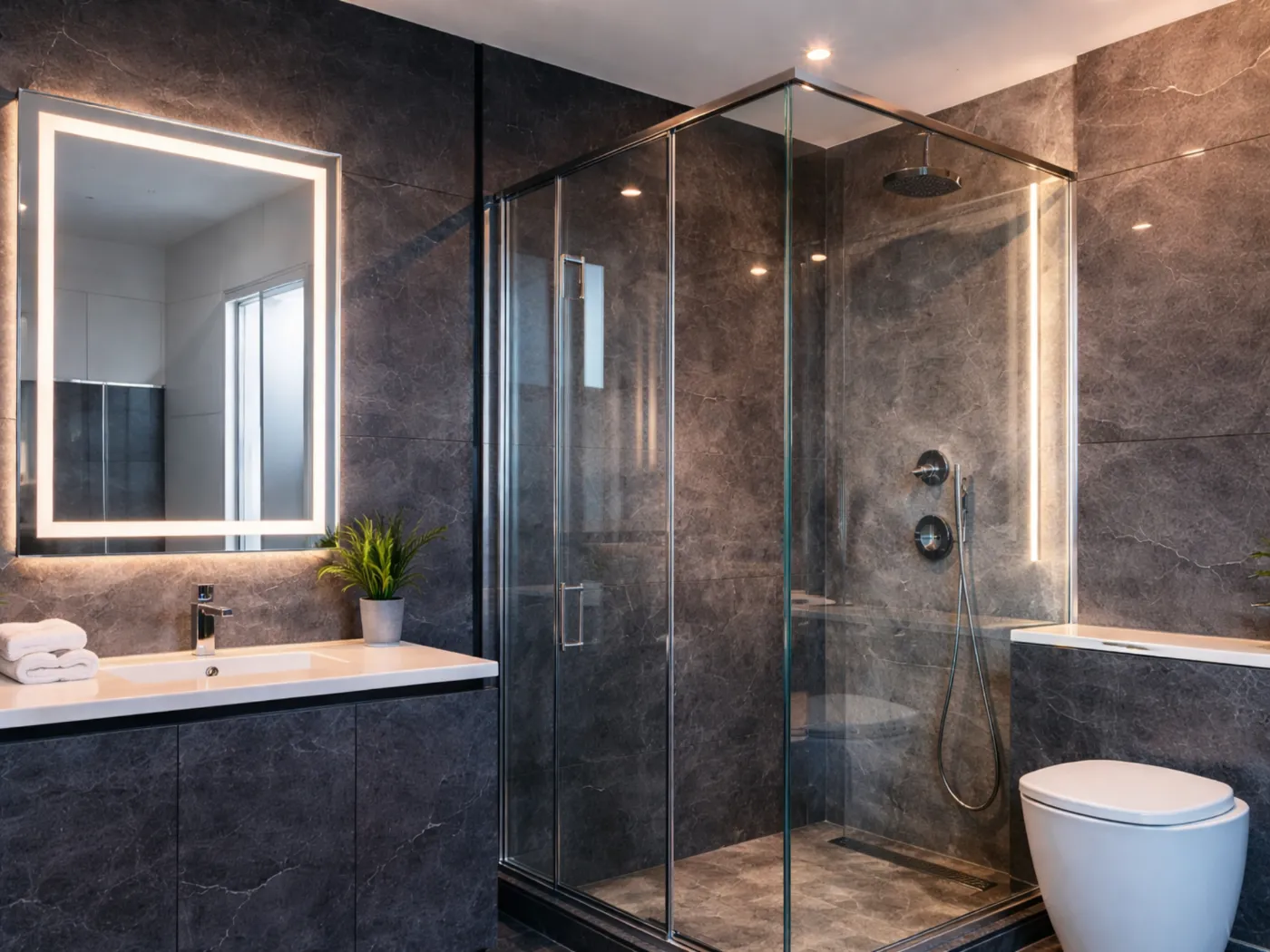 Frameless toughened glass shower enclosure with LED mirror