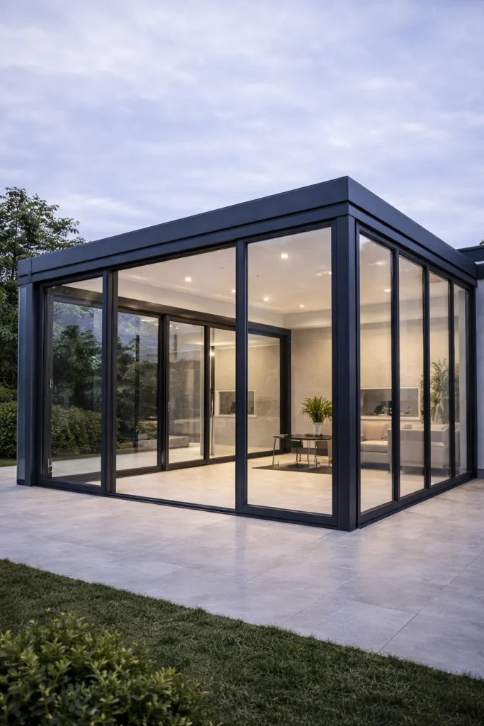 Glass room with aluminium frame and sliding glass doors