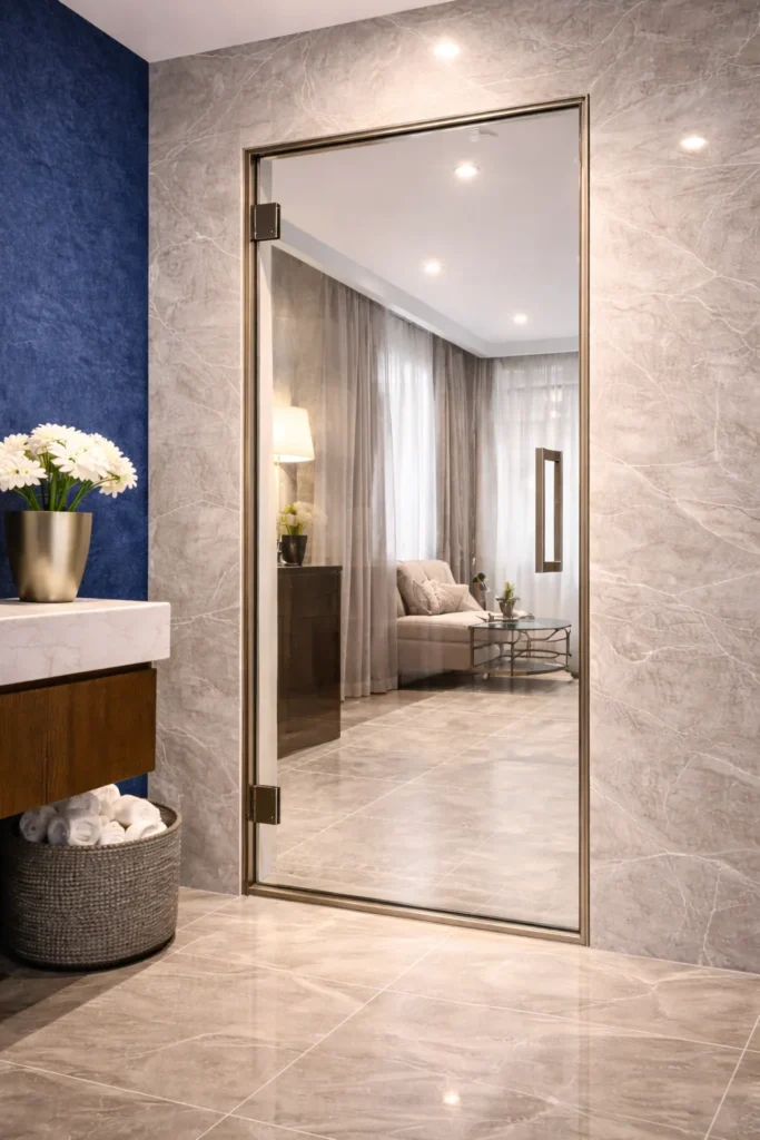 Glass door with slim metal frame between bathroom and living area