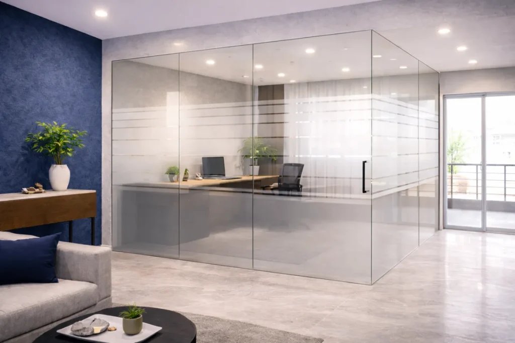 Frosted glass partition cabin in an office with aluminium frame