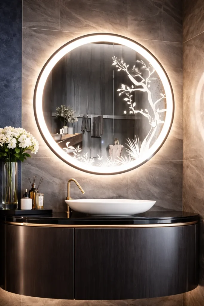 Round LED mirror above a bathroom vanity